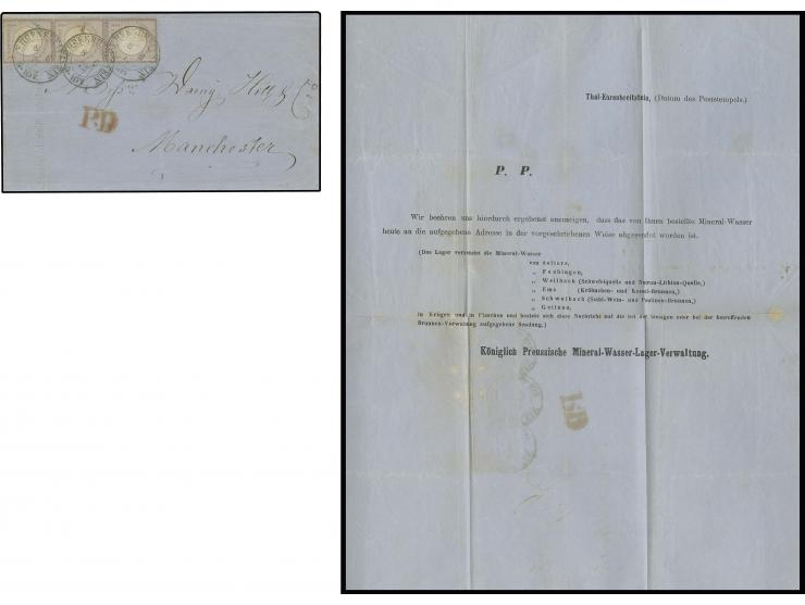 ¼ Gr. grauviolett im senkrechten 3er-Streifen mit Preußen-DKr. "EHRENBREITSTEIN 8 6 72" mit leichter Patina auf Drucksachenfa