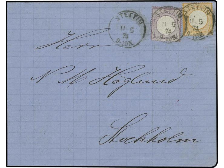 ¼ Gr. grauviolett und Großer Schild ½ Gr. orange im Kleinformat L15 mit aptiertem F(ranco)-EKr. "STETTIN 11 5 74" auf Drucksa