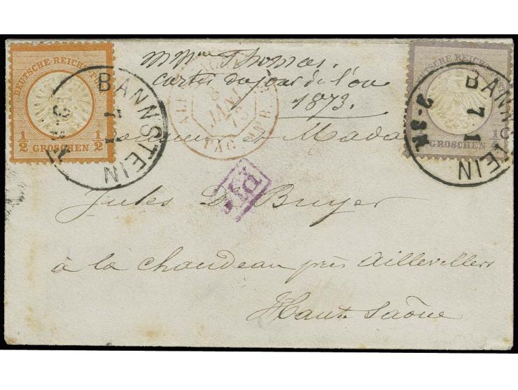¼ Gr. grauviolett und Großer Schild ½ Gr. orange mit EKr. "BANNSTEIN 7 1 73" (neuer DR-Postort ab III/72) auf kleinformatigem