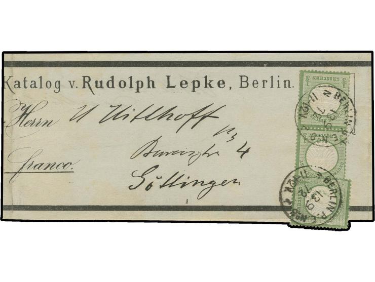 1/3 Gr. gelblichgrün, senkrechtes Paar und Einzelmarke mit EKr. "BERLIN P.E.No.8 N 1. 13 9 72" auf privat gedrucktem Streifba