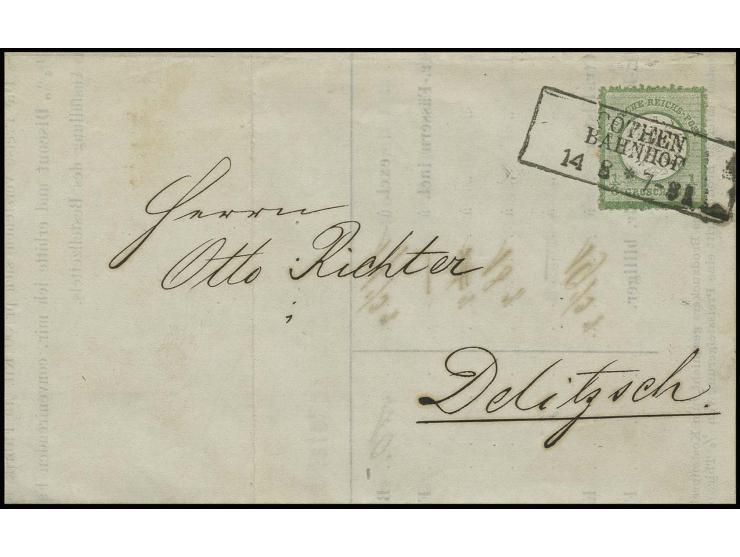 1/3 Gr. gelblichgrün mit Preußen-Ra3 "CÖTHEN / BAHNHOF / 14 8" (1872) auf Drucksachen-Bestellformular nach Delitzsch, innen v