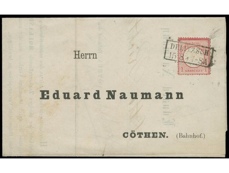 1/3 Gr. gelblichgrün mit Preußen-Ra3 "CÖTHEN / BAHNHOF / 14 8" (1872) auf Drucksachen-Bestellformular nach Delitzsch, innen v