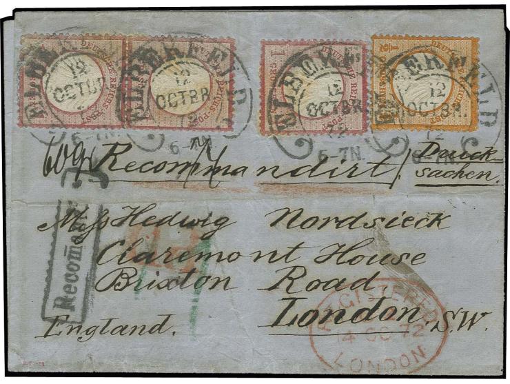 1 Gr. karmin, senkrechtes Paar und Einzelmarke und ½ Gr. orange mit Hufeisenstempel "ELBERFELD 12 OCTBR. 72" (Spalink-Nr. 12-