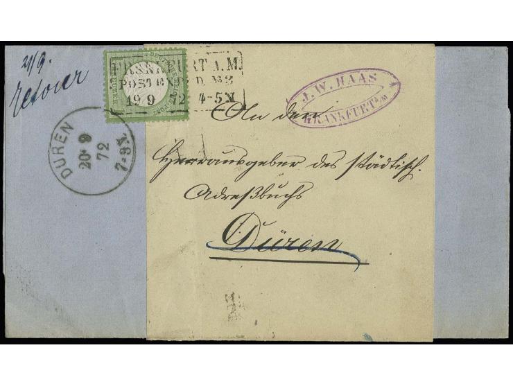 1 Kr. gelblichgrün mit Ra3 "FRANKFURT A.M. / POSTEXPED. No.3 / 19 9 72" auf kpl. Drucksachen-Streifband mit Adressschleife na