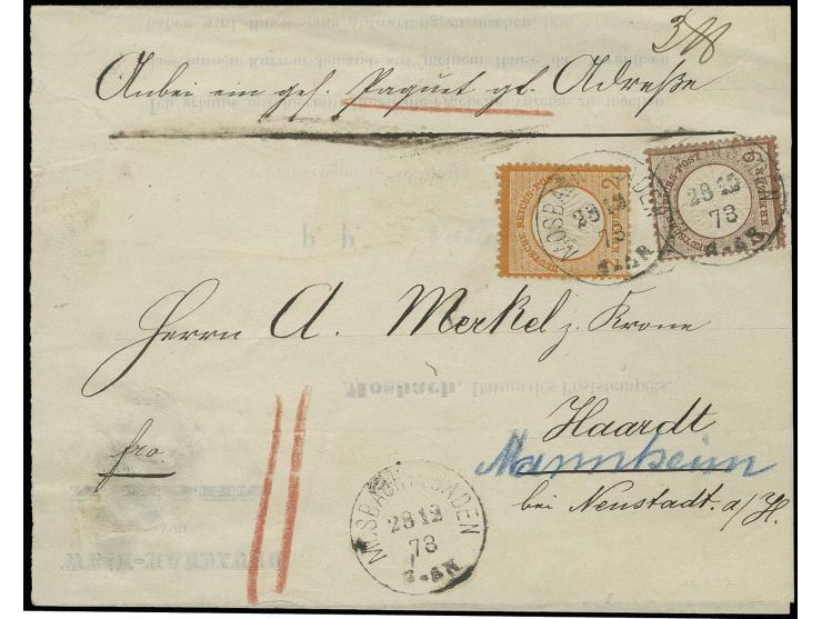 2 Kr. orange und Großer Schild 9 Kr. lilabraun mit EKr. "MOSBACH IN BADEN 28 12 73" auf Faltdrucksache (Vertreteranzeige) der