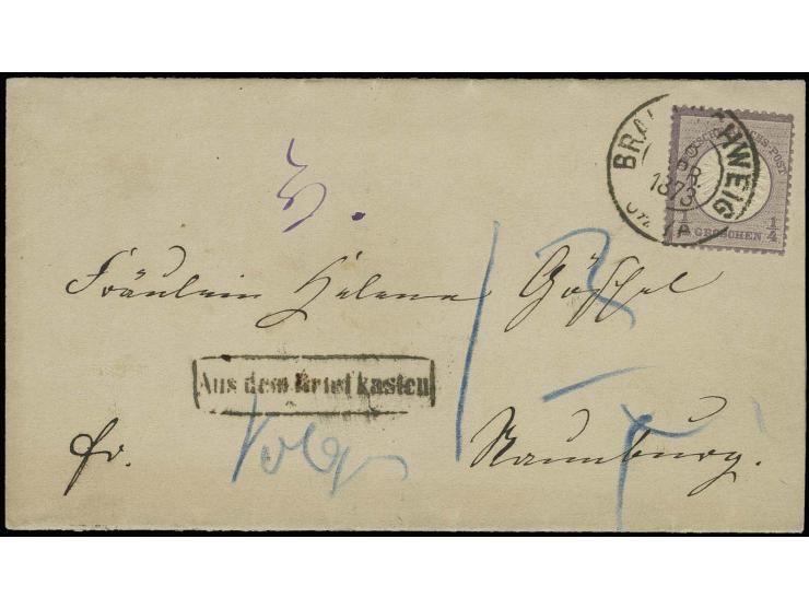 ¼ Gr. grauviolett mit Braunschweig-DKr. "BRAUNSCHWEIG 8 APR. 1873" auf Faltdrucksache nach Naumburg mit nebengesetztem Ra. "A