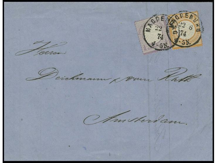¼ Gr. grauviolett und ½ Gr. orange mit klarem EKr. "MAGDEBURG 22 8 74" auf Drucksachen-Faltbrief nach Amsterdam, Pracht