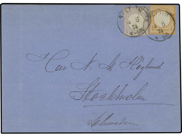 ¼ Gr. grauviolett und ½ Gr. orange mit aptierten F(ranco)-EKr. "STETTIN 4 5 74" auf Drucksachen-Faltbrief nach Stockholm mit 