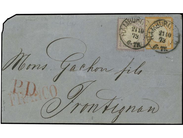 ¼ Gr. grauviolett und ½ Gr. orange mit EKr. "HAMBURG P.V.2. 21 10 73" auf Drucksachen-Faltbrief (gestützt) nach Frankreich, d