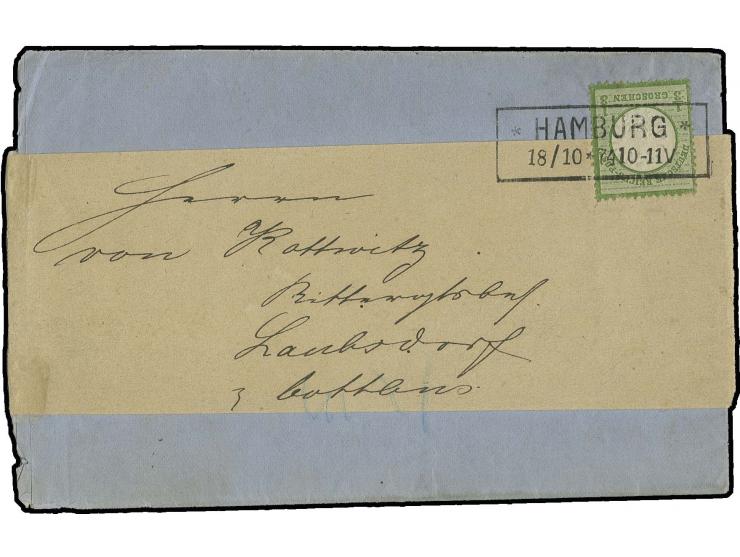1/3 Gr. gelblichgrün mit Hinrichsen-Maschinenstempel Ra2 "HAMBURG / 18/10 * 74" auf vollständiger Lotterie-Drucksache mit rüc