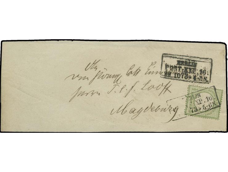 1/3 Gr. gelblichgrün mit Preußen-Ra3 "BERLIN / POST-EXP. 16. / 23 10 73" als Nachfrankatur auf 1/3 Gr. Albino-Ganzsachenstrei