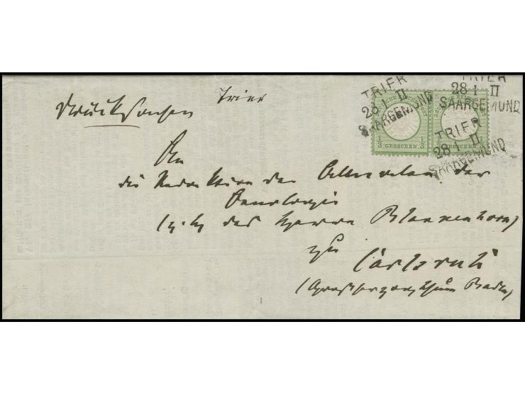 1/3 Gr. gelblichgrün im waagerechten Paar mit Bahnpoststempel L3 "TRIER / 28 1 II / SAARGEMUND" auf Drucksachen-Faltbrief der