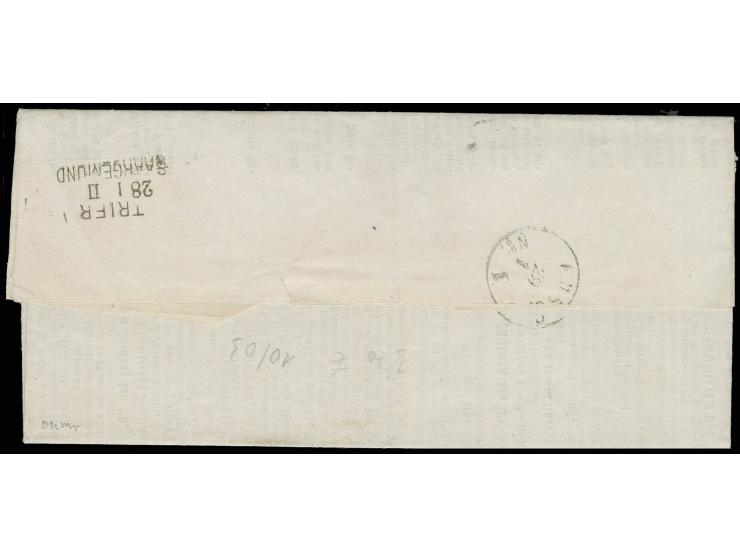 1/3 Gr. gelblichgrün im waagerechten Paar mit Bahnpoststempel L3 "TRIER / 28 1 II / SAARGEMUND" auf Drucksachen-Faltbrief der