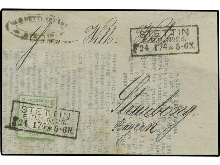 1/3 Gr. gelblichgrün im klarem Ra3 "STETTIN / E.P.E. No. 25. / 24 1 74" auf Drucksachen-Faltbrief nach Straubing, Pracht