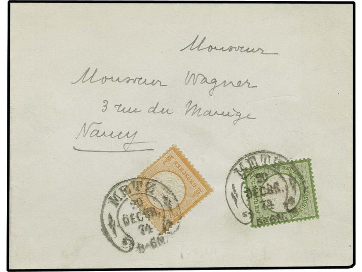 1/3 Gr. gelblichgrün und  ½ Gr. orange mit klarem Hufeisenstempel "METZ 20 DECBR. 74" (Spalink-Nr. 25-1) auf Drucksachenfaltb