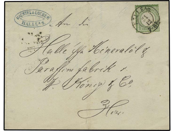 1/3 Gr. dunkelgrün mit Preußen-DKr. "HALLE A/S. 31 12" (1874) auf Orts-Drucksachenfaltbrief vom letzten Tag der Gültigkeit mi