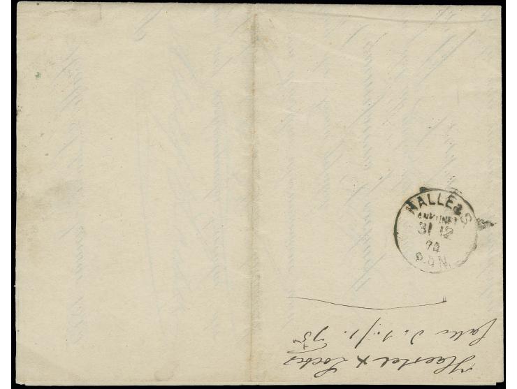 1/3 Gr. dunkelgrün mit Preußen-DKr. "HALLE A/S. 31 12" (1874) auf Orts-Drucksachenfaltbrief vom letzten Tag der Gültigkeit mi
