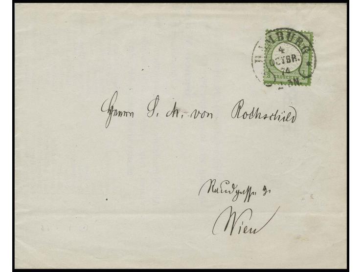 1/3 Gr. dunkelgrünlicholiv mit Hufeisenstempel "HAMBURG 4 OCTBR. 74" (Spalink-Nr. 17-6) auf Faltdrucksache  nach Wien, Drucks