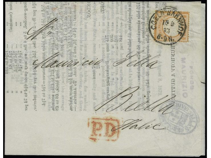 ½ Gr. orange mit EKr. "COELN-BAHNHOF 16.9.73" auf Faltdrucksache aus Seidenpapier nach Biella (Italien) mit rotem Ra. "P.D.",