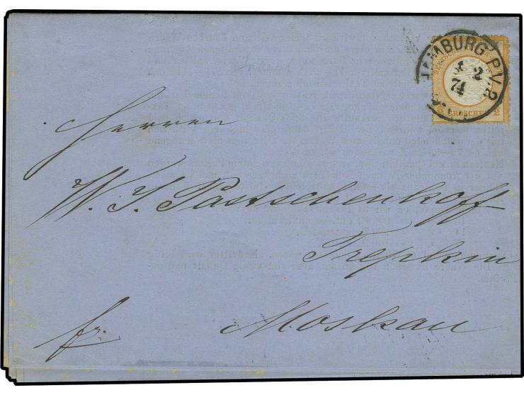 ½ Gr. orange mit EKr. "HAMBURG P.V.2. 4 2 74" auf Faltdrucksache nach Moskau mit rückseitigem Ankunftsstempel, Marke minimal 