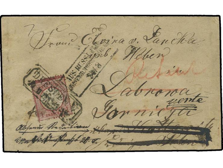 1 Gr. karmin mit Sachsen-Ra2 "DRESDEN V / 22 II 73" auf Streifband der 2. Gewichtsstufe nach Dabrowa Gornicza (russ. Polen) m