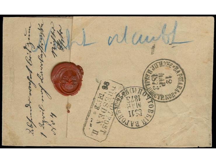 1 Gr. karmin mit Sachsen-Ra2 "DRESDEN V / 22 II 73" auf Streifband der 2. Gewichtsstufe nach Dabrowa Gornicza (russ. Polen) m