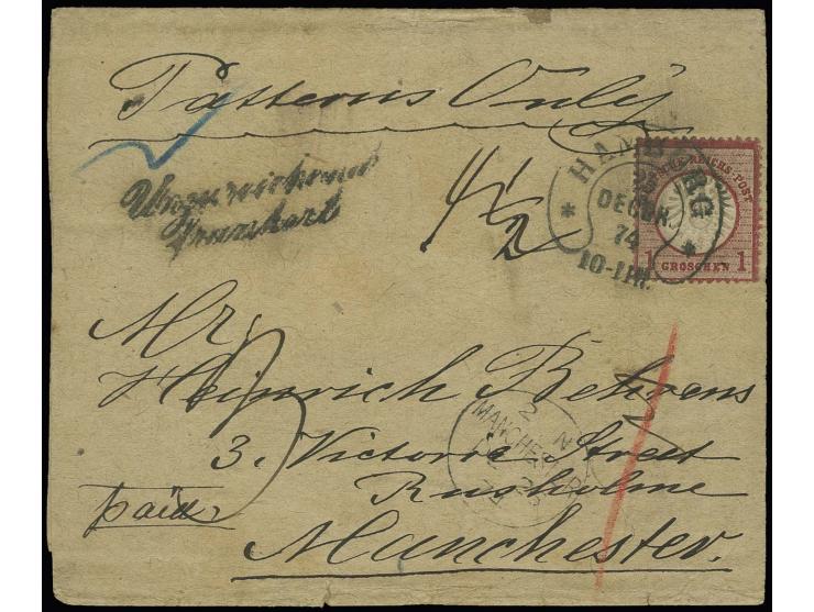 1 Gr. karmin mit Hufeisenstempel "HAMBURG 23 DECBR. 74" (Spalink-Nr. 17-7) auf Streifband der 2. Gewichtsstufe mit Hamburger 