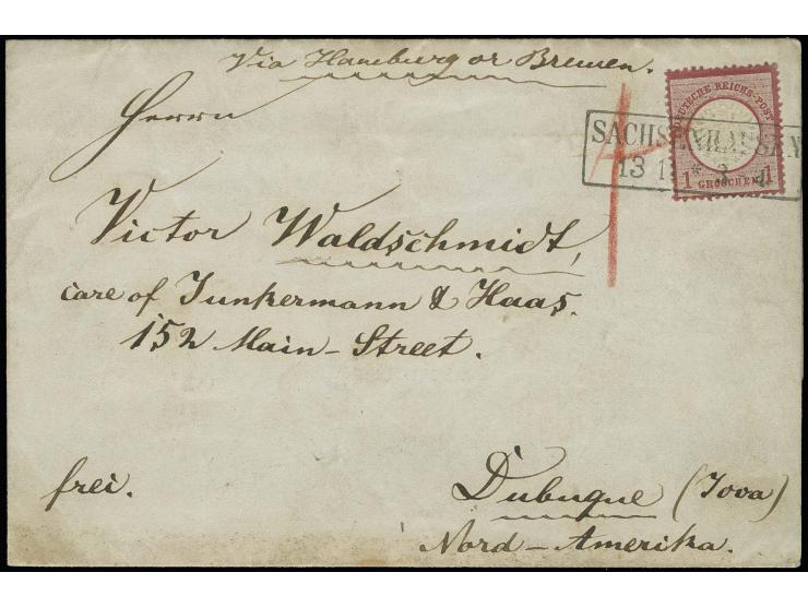1 Gr. karmin mit nachverwendetem Preußenstempel "SACHSENHAUSEN / 13 11" auf Faltdrucksache (Verlobungsanzeige) via Hamburg od