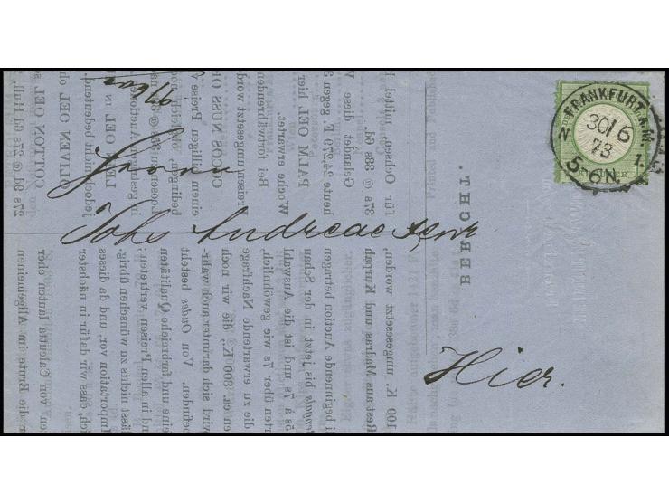 1 Kr. gelblichgrün mit klarem EKr. "FRANKFURT A.M. N1. 30/6 73" im kleinen Format auf Faltdrucksache, gedruckt in London, in 