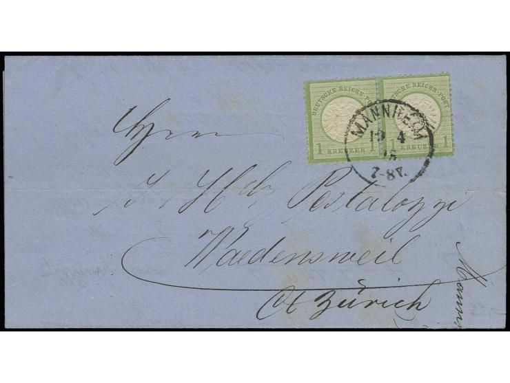 1 Kr. gelblichgrün im waagerechten Paar mit EKr. "MANNHEIM 19 4 73" auf Drucksachenfaltbrief mit erlaubten handschriftlichen 