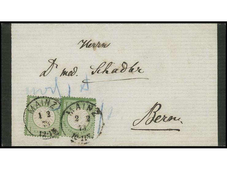 1 Kr. gelblichgrün mit EKr. "MAINZ 1 2 73" auf Traueranzeige nach Bern mit Blaustiftnotiz "noch 1 X", nachfrankiert mit 1 Kr.