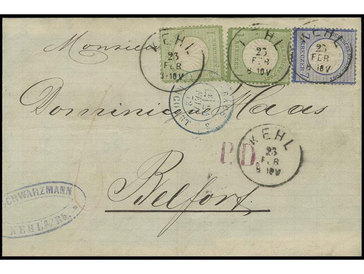 1 Kr. grün, 2 Einzelwerte in unterschiedlichen Nuancen zusammen mit 7 Kr. ultramarin, alle farbfrisch und bis auf 2 verkürzte