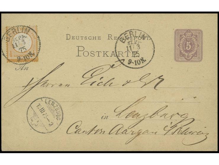 ½ Gr. orange als wertstufengleiche Mischfrankatur auf Postkarte 5 Pfge. von "BERLIN ST.P.A. 11/3 75" nach Lenzburg in der Sch