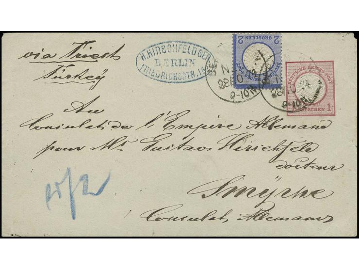 2 Gr. blau mit Stempel "BERLIN 28/10 74" als Zufrankatur auf Ganzsachenumschlag 1 Gr. rot via Wien und Triest nach Smyrna, rü