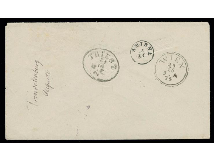 2 Gr. blau mit Stempel "BERLIN 28/10 74" als Zufrankatur auf Ganzsachenumschlag 1 Gr. rot via Wien und Triest nach Smyrna, rü