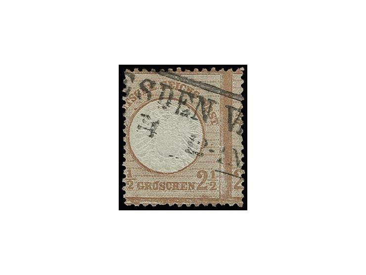 2½ Gr. lebhaftbraunorange mit ca. 3 mm nach rechts versetzter senkrechter Zähnung, so dass die Zähnung durch die Wertziffer v