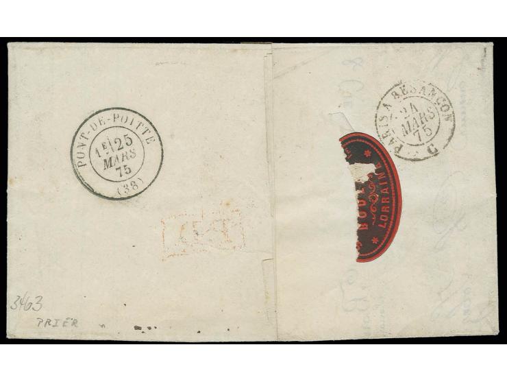 1874, 2½ Gr. orangebraun mit 1875, 5 Pfge. violett mit klarem EKr. "BOLCHEN 22 3 75" auf Faltbrief nach Frankreich, Pracht