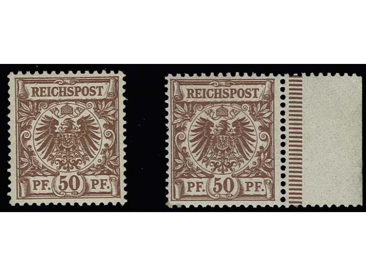 50 Pfg. dunkellilabraun, postfrisch, Kabinett, sign. Zenker BPP und Befund Wiegand BPP, dazu 50 Pfg. lilabraun mit rechtem Bo