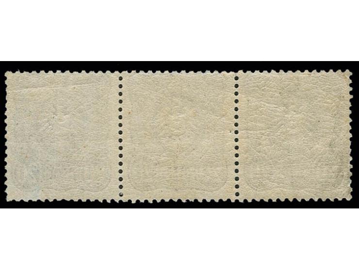 20 Pfge. dunkel-ultramarinblau im waagerechten Dreierstreifen farbfrisch und normal gezähnt, zwischen den Marken vorgefaltet,