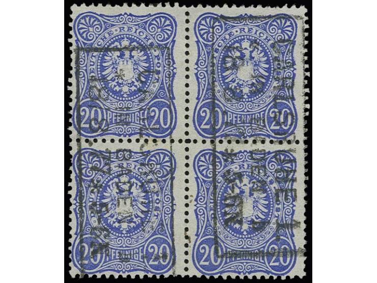 20 Pfge. leuchtend-ultramarinblau im 4er-Block, sauber gestempelt, die beiden linken Marken im verschmälerten Format CE, Bugs