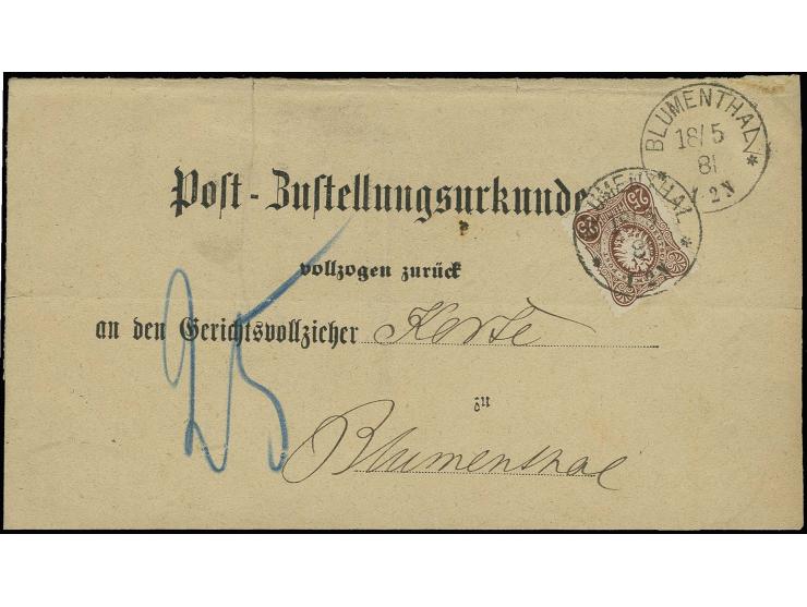 25 Pfge. rötlichbraun mit EKr. "BLUMENTHAL 18/5 81" auf Post-Zustellungsurkunde im Ortsverkehr verwendet, Pracht