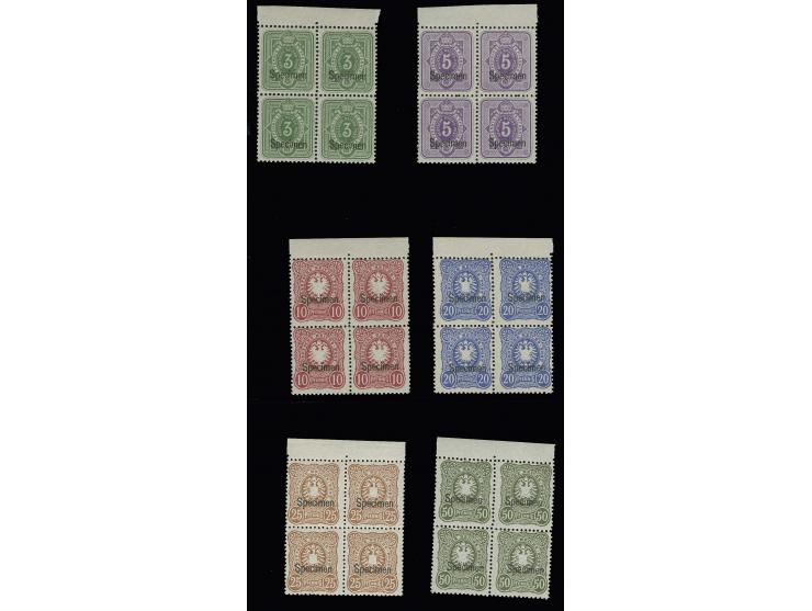 Spätauflagen: 3-50 Pfg. mit Mi.-Nr. 43IIc, in einheitlichen Oberrand Viererblock mit Aufdruck "SPECIMEN", postfrisch, Kabinet