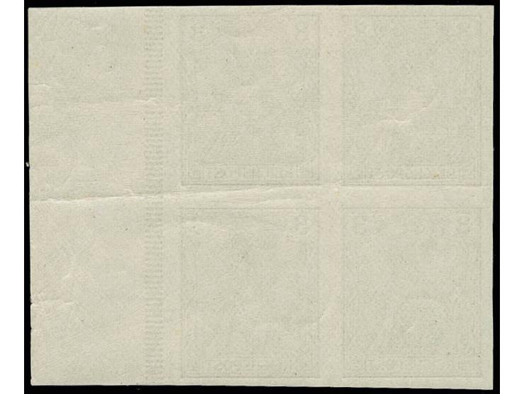 1900, Germania Reichspost 3 Pfg. dunkelockerbraun, ungezähnter Viererblock mit rechtem Bogenrand, die oberen Marken sauber un