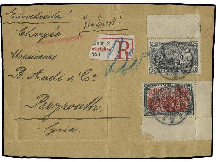 5 M., rechte untere Bogenecke zusammen mit Oberrandstück 3 M., mit Stempel "PFORZHEIM 5.3.02" auf Adresse eines eingeschriebe