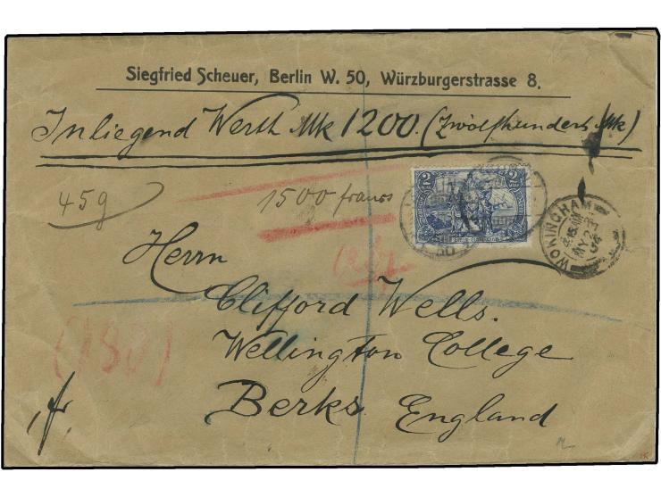 2 M. gotisch als Einzelfrankatur auf Wertbrief über 1200 M. von "BERLIN 20.5.04" nach England mit vorder- und rückseitigen Tr