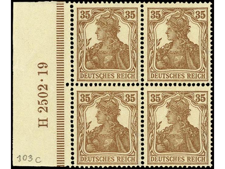 1918, Germania 35 Pfg. zimtfarben im 4er-Block vom linken Bogenrand mit HAN, postfrisch, in der Randzähnung stärker gefaltet,