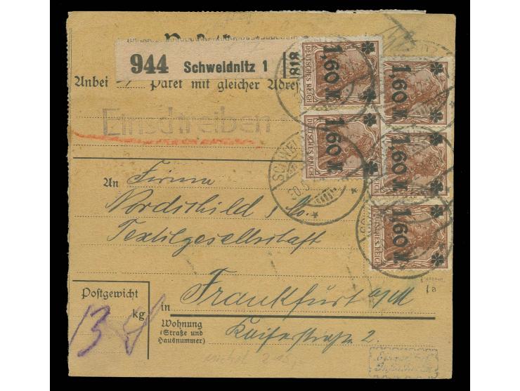 1.60 M. auf 5 Pfg. gelbbraun, waagerechter 10er-Block, 5er- und 3er-Streifen sowie Paar vorder- und rückseitig auf Paketkarte