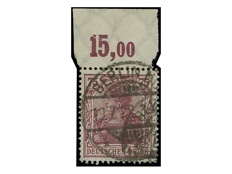 1922, Germania 75 Pfg. bräunlichlila mit Plattenoberrand (kleine Fehlstelle), sauber gestempelt, Pracht, sehr selten, sign. I