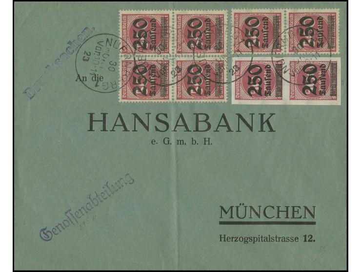 250 Tsd. lilarrot im ungezähnten senkrechten Paar mit Zufrankatur mit Stempel "NUERNBRG 30 OKT 23" auf portogerechter Drucksa