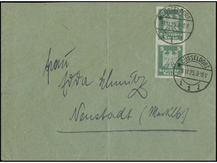 1924, Reichsadler 5 Pfg. im senkrechten ungezähnten Paar mit Stempel "DÜSSELDORF 28.11.25" auf Brief nach Neustadt, Brief ein